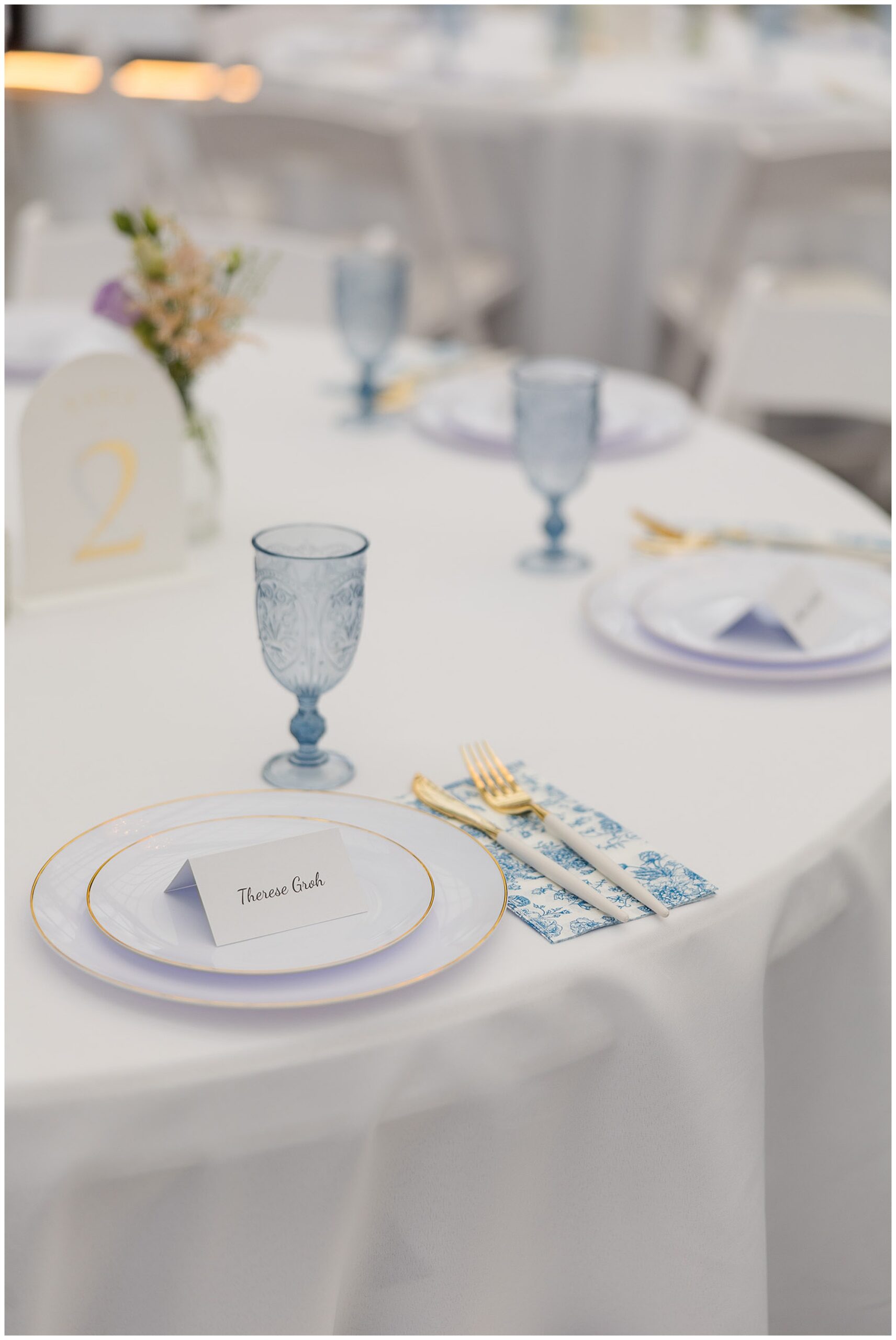 wedding tablescape gold chargers blue goblets floral napkins Tudor House Mason's Cove Ohio
