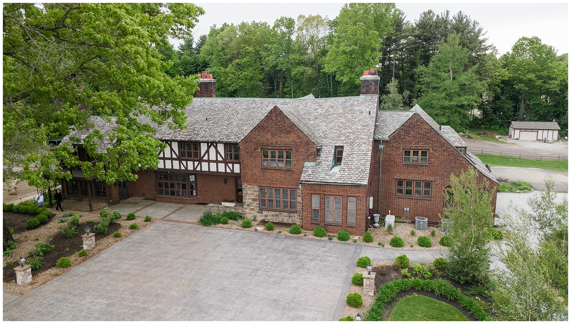 Tudor House at Mason's Cove aerial drone shot New Franklin Ohio wedding venue